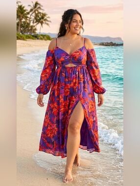 Loragal Vibrant Floral Chic Maxi Dress V- Neckline Wide Sleeves & Open Slit